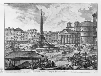 Vista de la Plaza de la Rotonda Panteón construido por Marco Agrippa hoy S. Maria ad Martyres Fuente con Obelisco Egipcio arquitectura de Filippo Barigioni Pescaria Palacio Crescenzi
